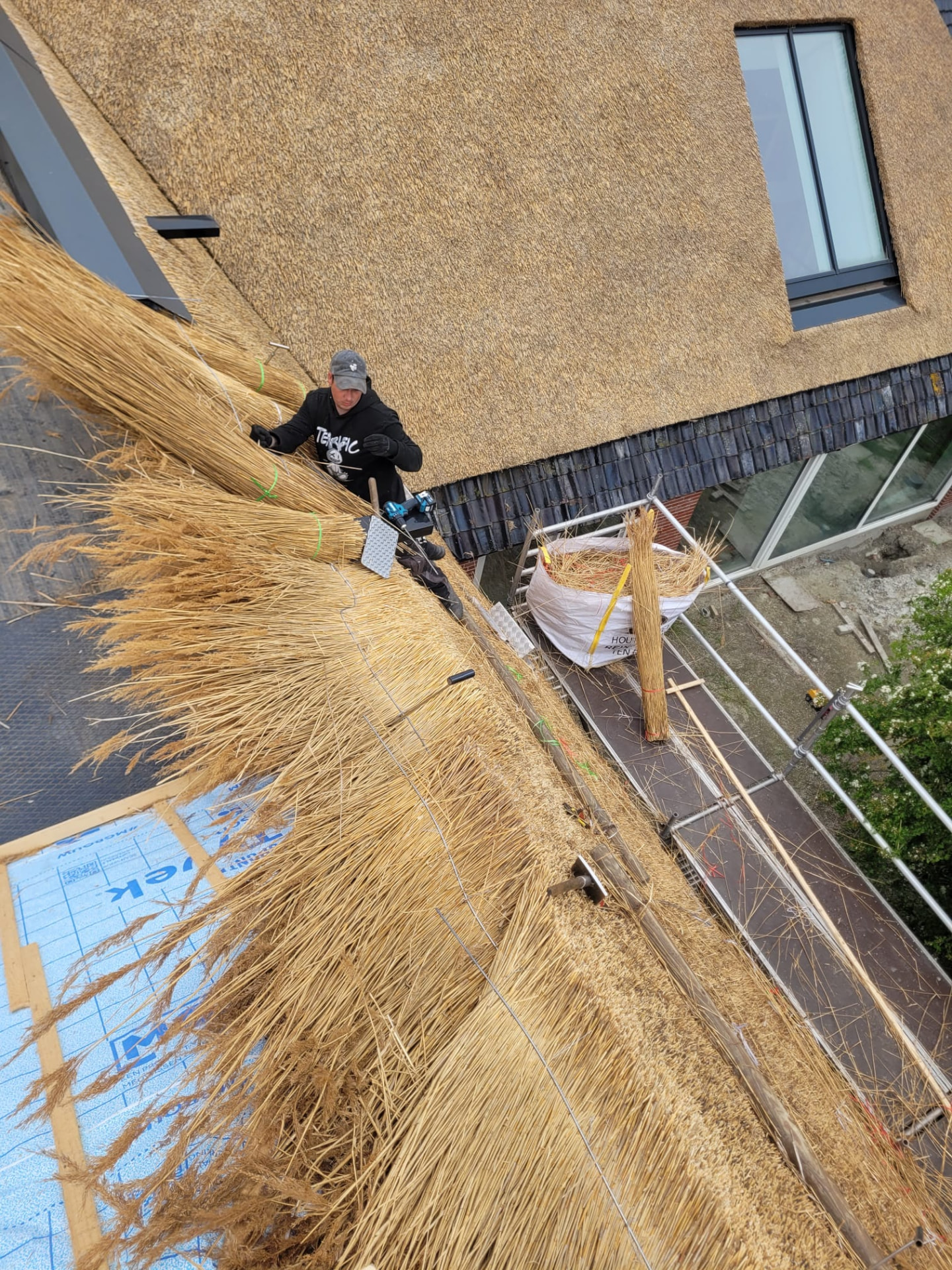 Floris Berkhout aan het werk op een rieten dak